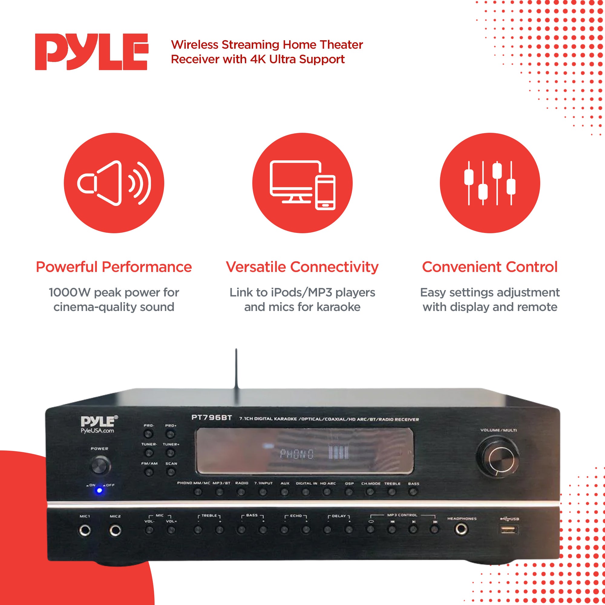 Pyle PT796BT Wireless Streaming Home Theater Receiver with 4K Ultra Support - VMInnovations