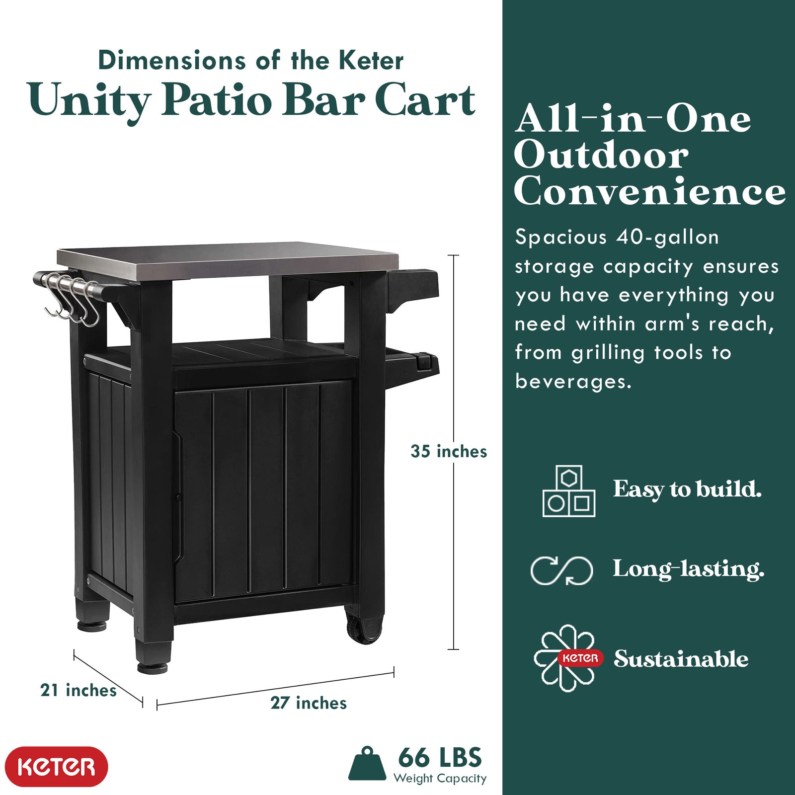 Keter Unity 40 Gal Patio Storage Grilling Bar Cart w/ Stainless Steel Top, Brown - VMInnovations