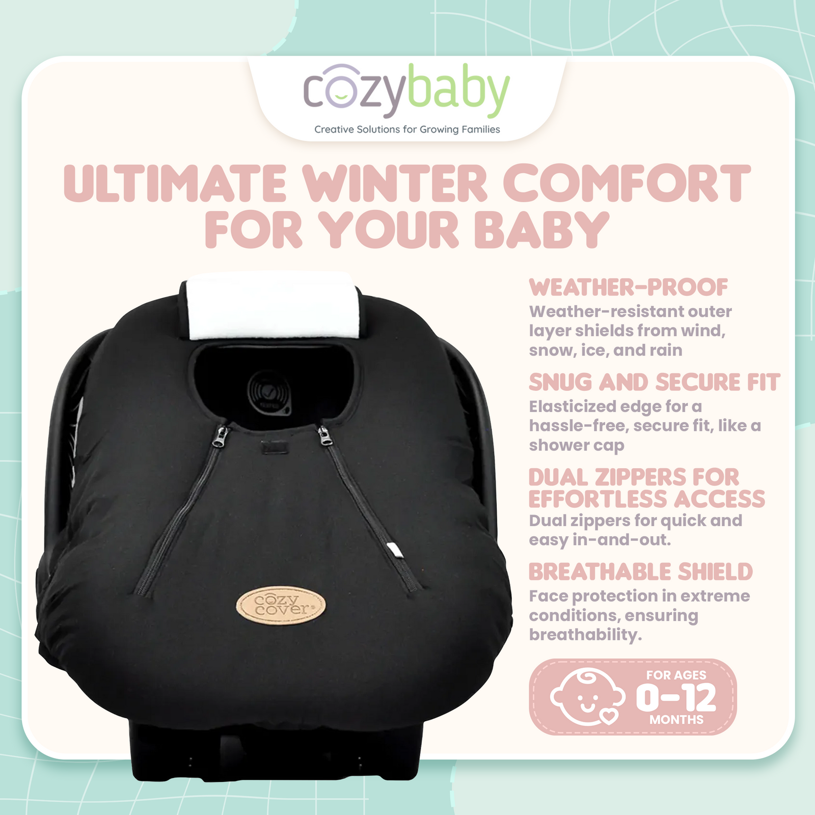 CozyBaby Infant Car Seat Cover w/ Dual Zippers, Elastic Edge, Black (Used) - VMInnovations