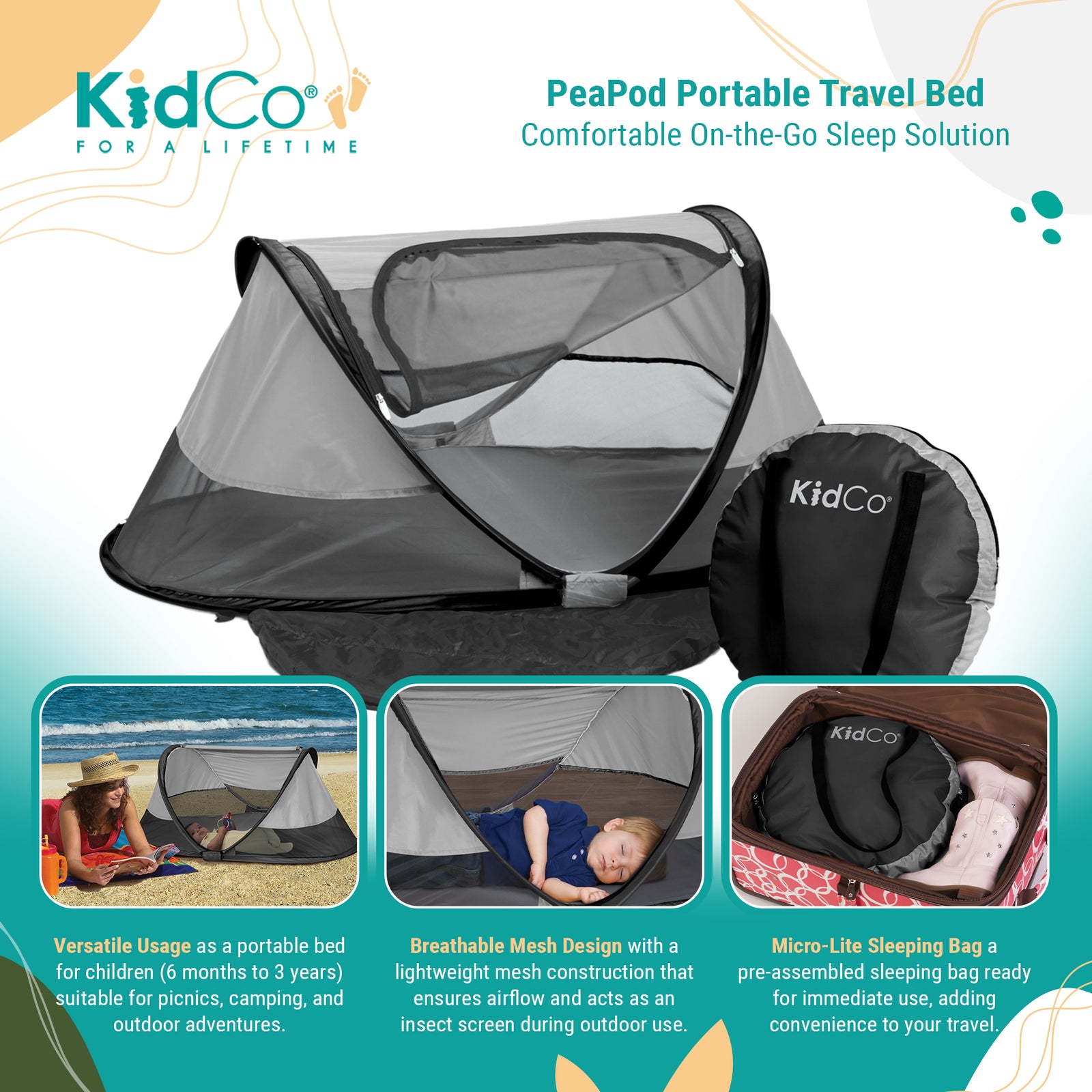 KidCo PeaPod Portable Foldable Mesh Toddler Travel Bed & Storage Bag, Midnight - VMInnovations