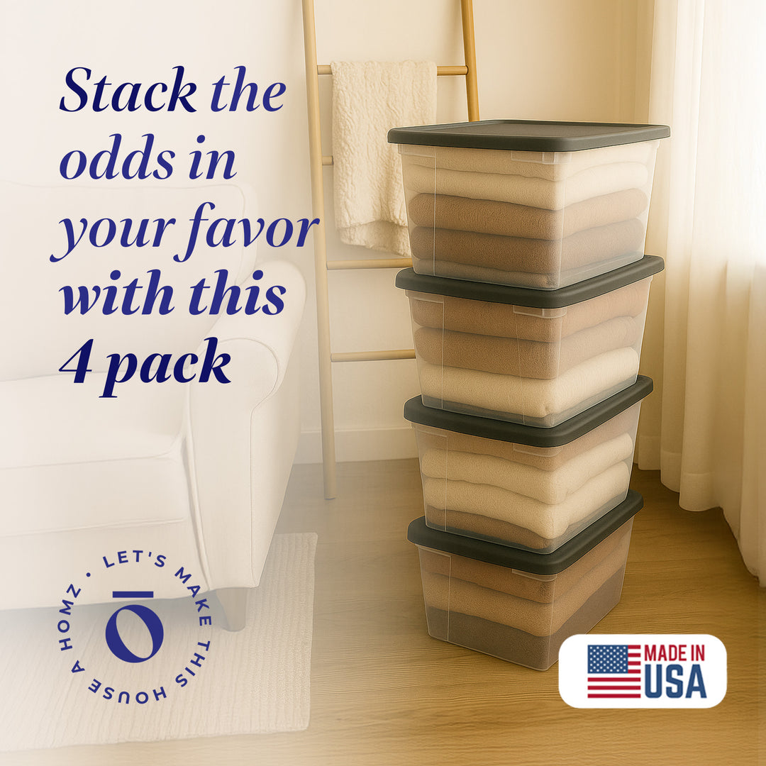 Homz 56 Qt Stackable Plastic Storage Container w/Snaplock Lid, Gray (4 Pack) - VMInnovations