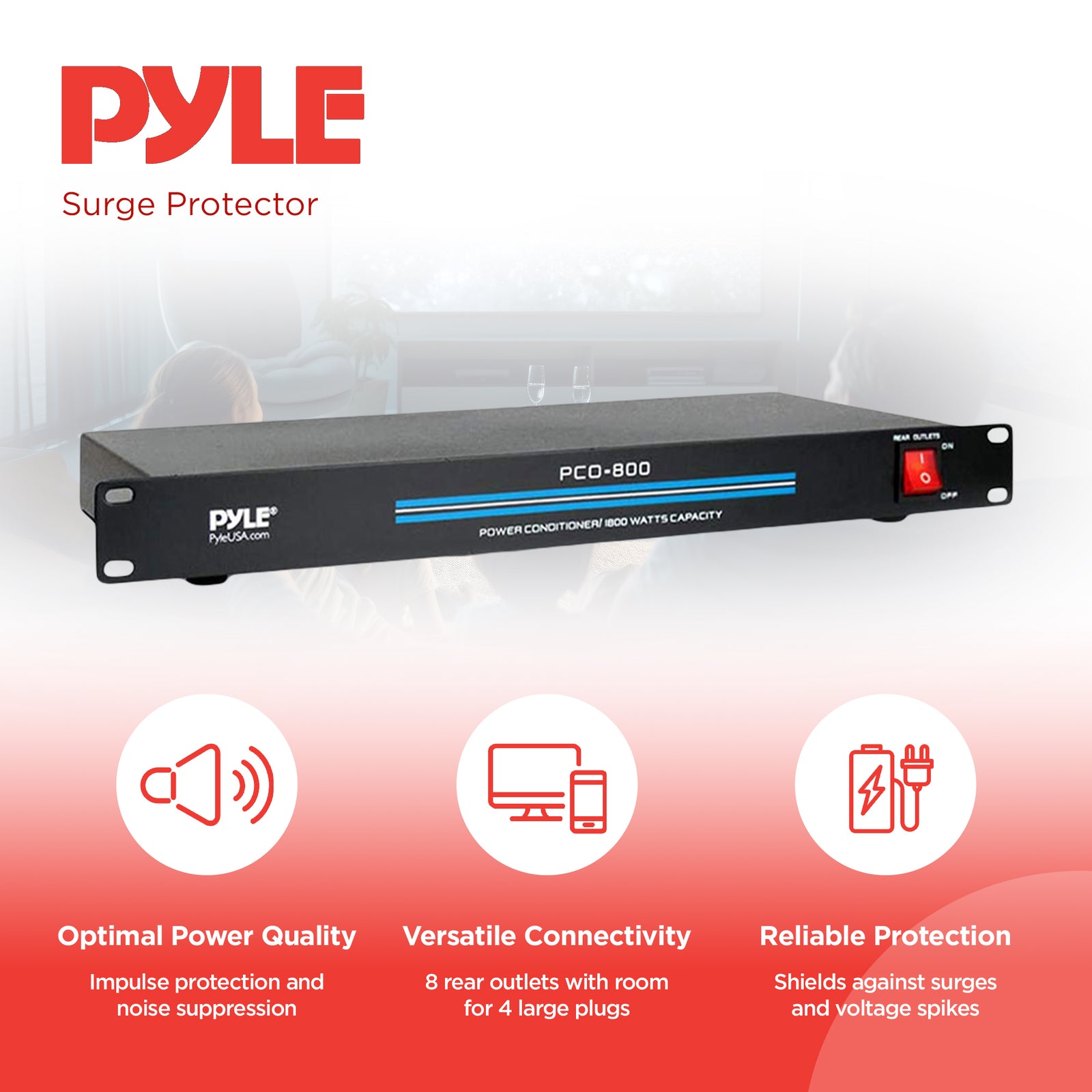 Pyle PCO800 1800 Watt Mount Rack Power Conditioner Surge Protector w/ 8 Outlets - VMInnovations