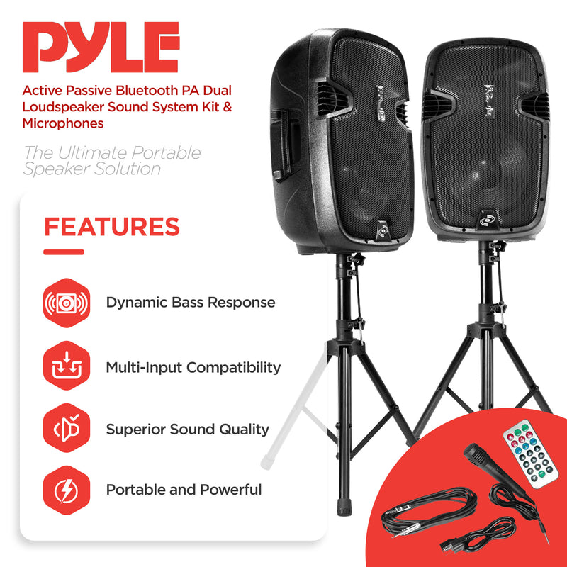 Pyle Active Passive Bluetooth PA Dual Loudspeaker Sound System Kit & Microphones