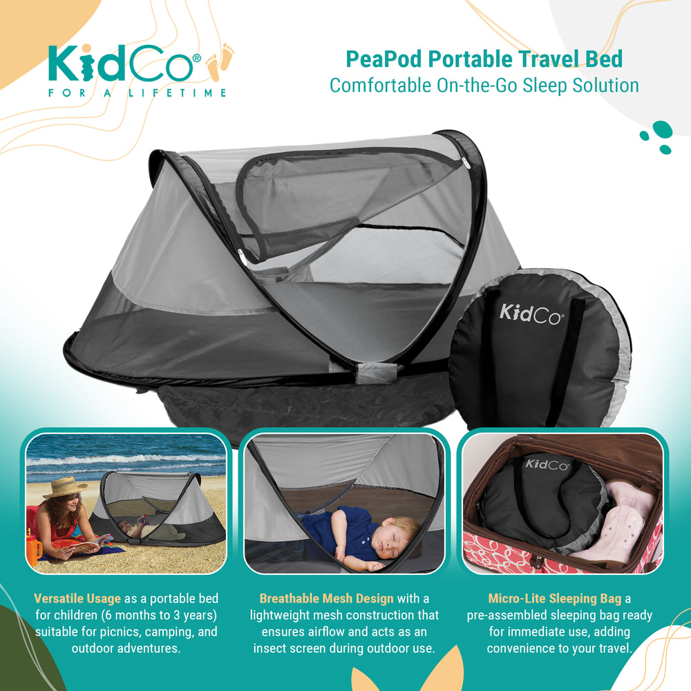 KidCo PeaPod Portable Foldable Mesh Toddler Travel Bed & Storage Bag, Midnight - VMInnovations