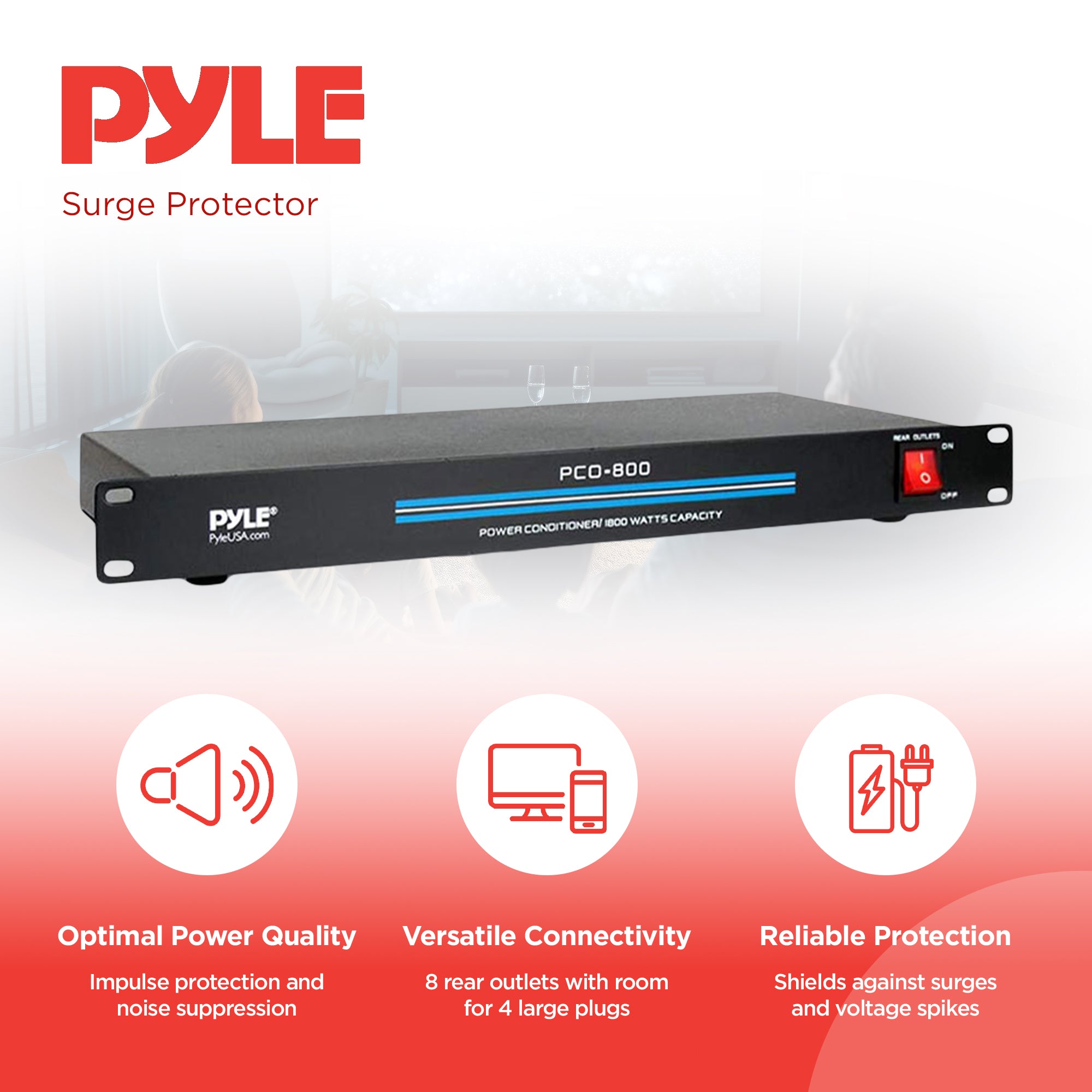 Pyle PCO800 1800 Watt Mount Rack Power Conditioner Surge Protector w/ 8 Outlets - VMInnovations