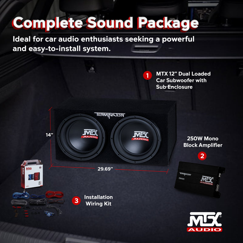 MTX 12 Inch Dual Car Subwoofer Audio, Sub Box, & Amplifier Bundle w/ Wiring Kit