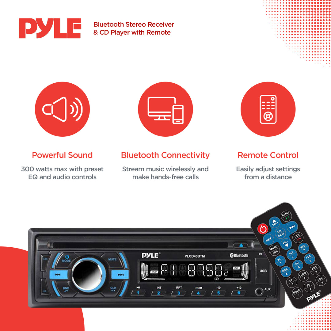 Pyle Single DIN Marine Bluetooth Stereo Receiver & CD Player with Remote, Black