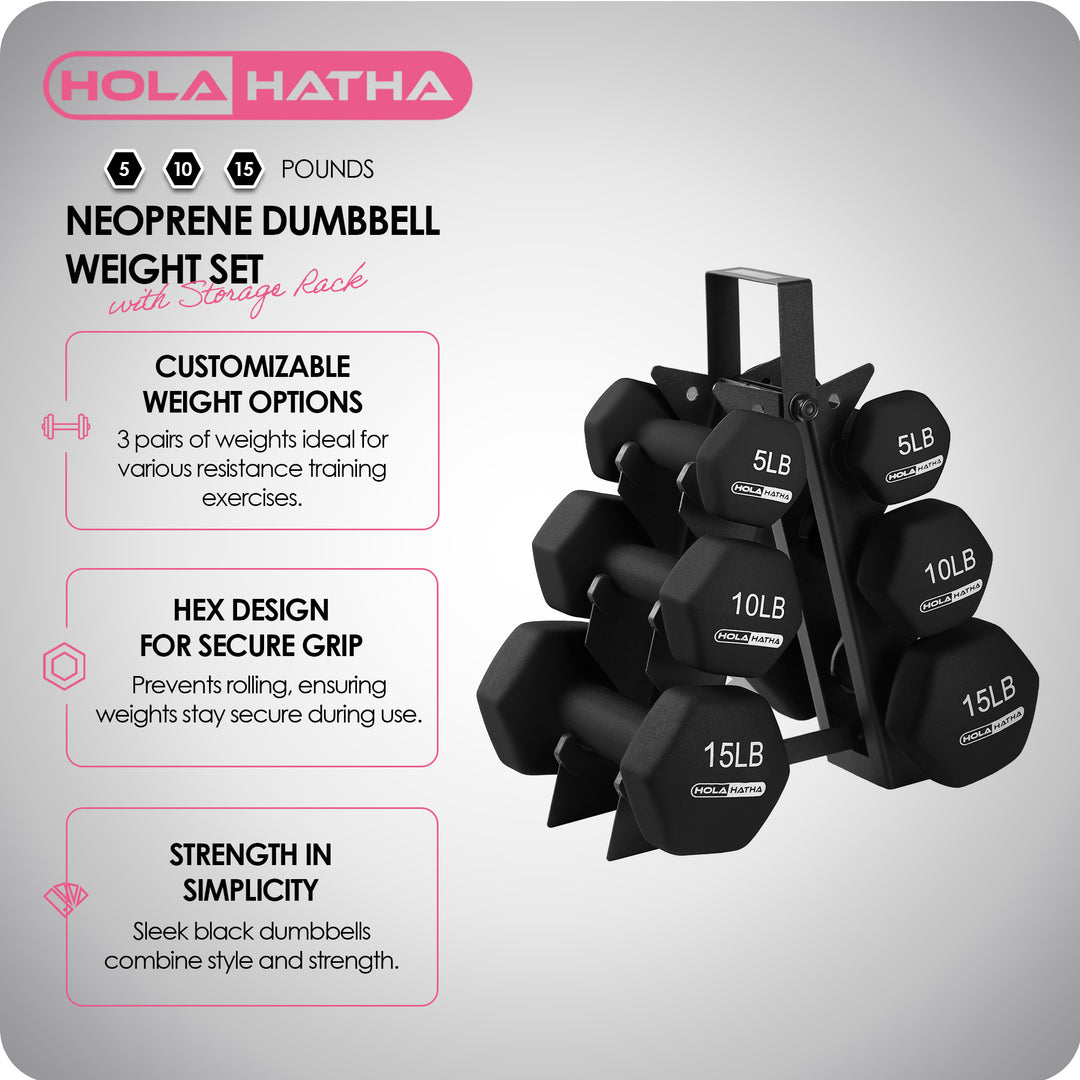 HolaHatha 5, 10, and 15 Pound Neoprene Dumbbell Free Hand Weight Set with Rack