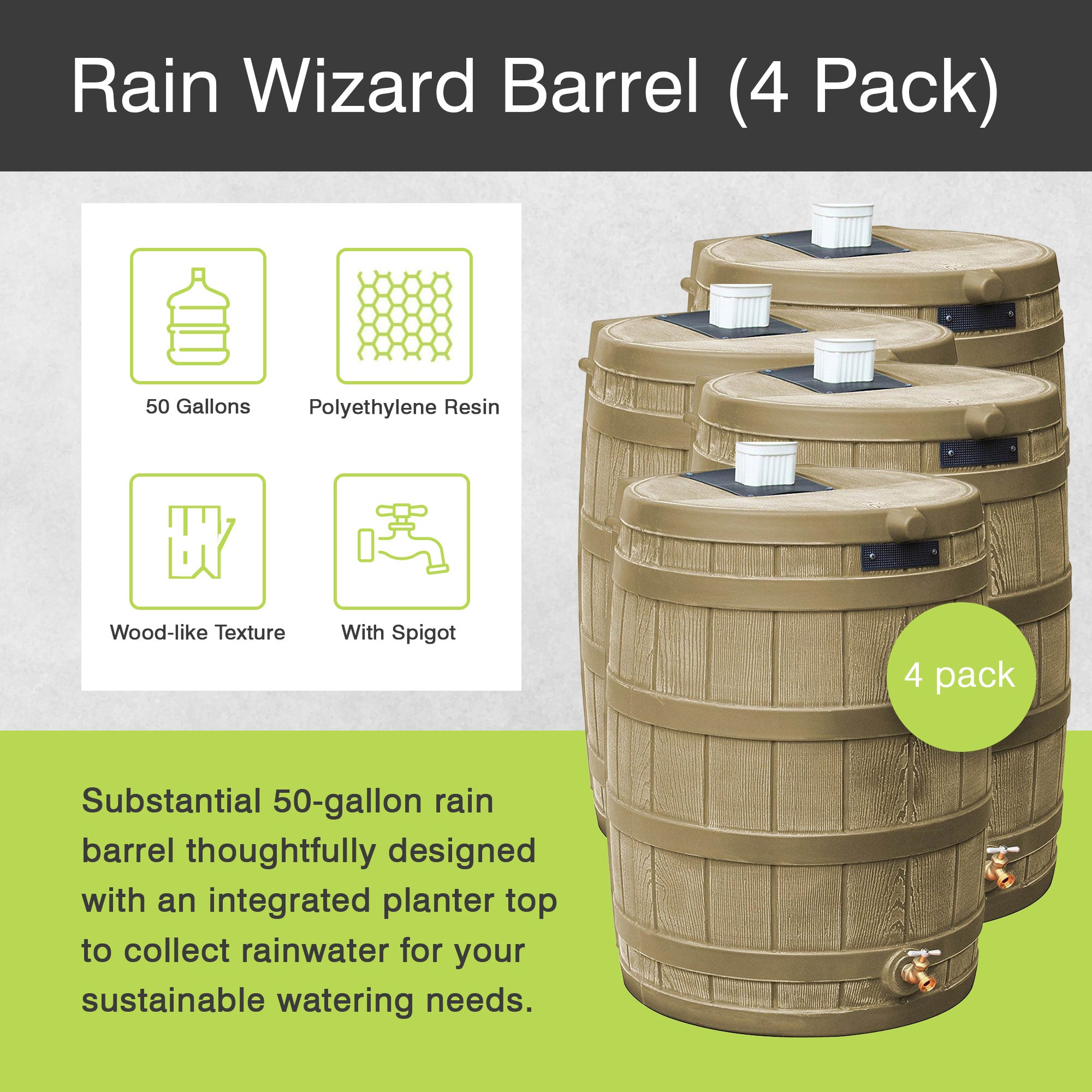 Good Ideas Rain Wizard 50 Gallon Plastic Barrel Water Collector, Khaki (4 Pack) - VMInnovations