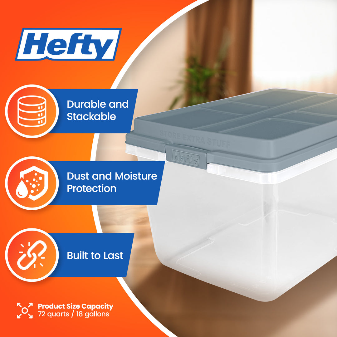 Hefty 72 Qt Hi-Rise Stackable Plastic Storage Bin with Lid, 6 Pack, Smoke Blue