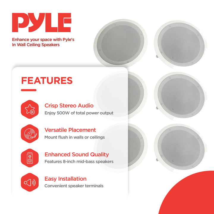 Pyle 8 Inch 2 Way In Wall Ceiling Home Speakers System Audio Stereo, 6 Speakers