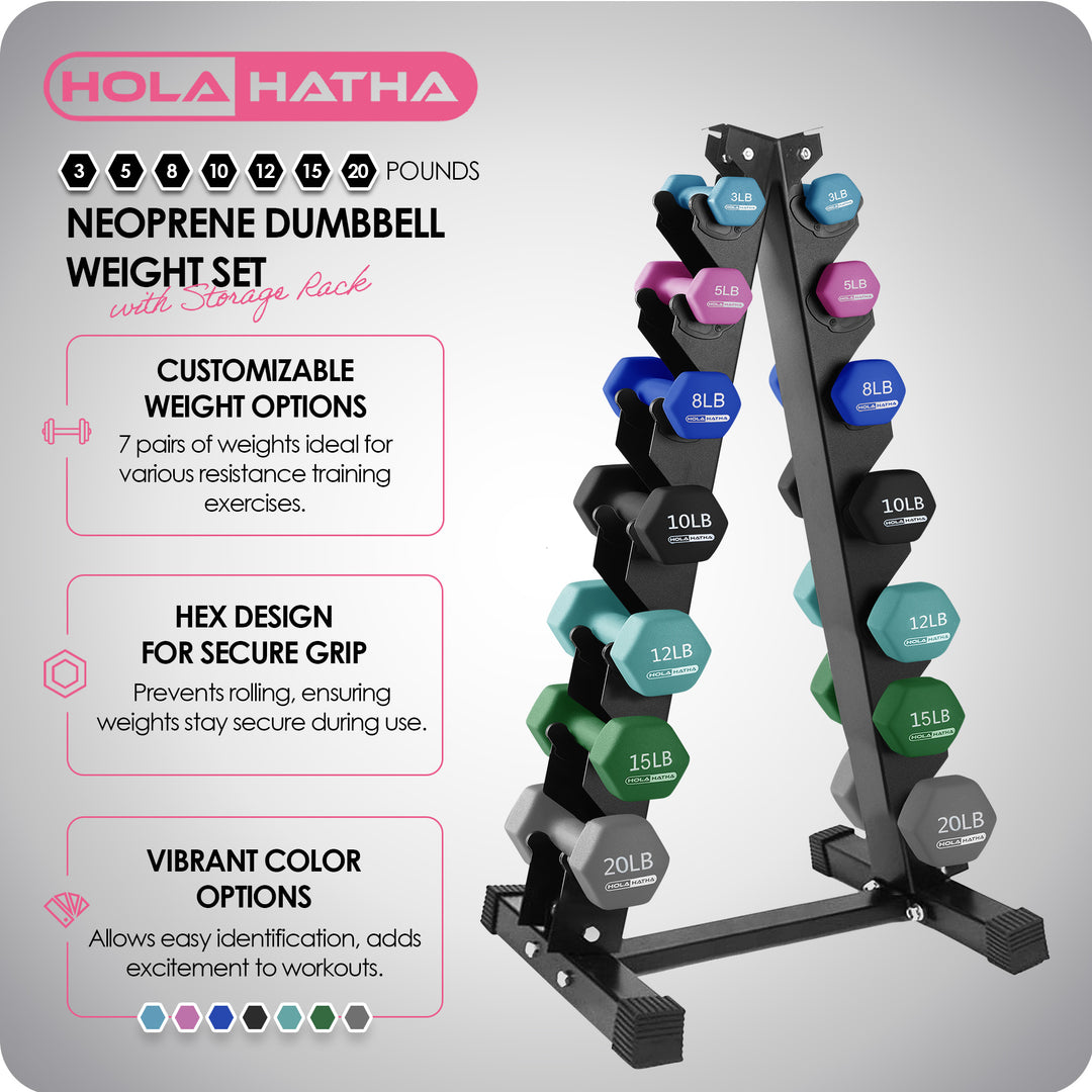 HolaHatha 146 Pound Neoprene Dumbbell Full Body Weight Set with Storage Rack