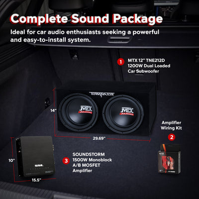 MTX TNE212D 12" 1200W Dual Loaded Car Subwoofer Box & SSL 1500W Amplifier w/ Kit