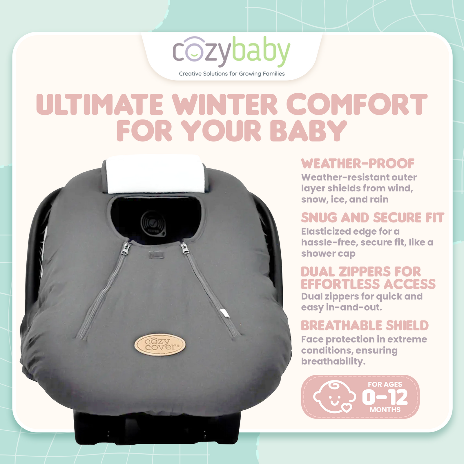 CozyBaby Original Infant Car Seat Cover w/ Dual Zippers & Elastic Edge, Charcoal - VMInnovations