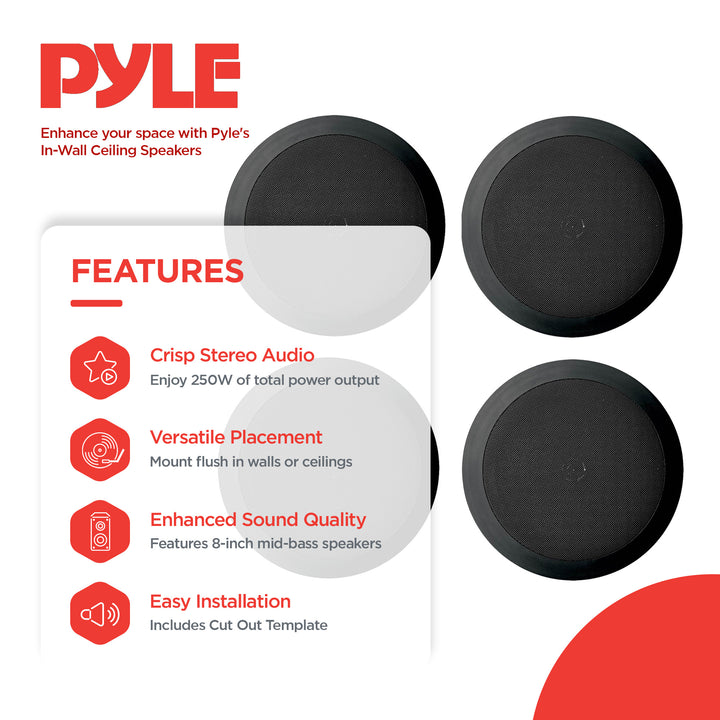 4) NEW Pyle PDIC81RDBK 250W 8 Inch Flush In-Wall In-Ceiling Black Speakers Four