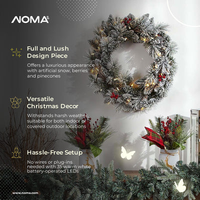 NOMA 24" Pre-Lit LED Flocked Berry Wreath with 35 Warm White Lights(Used) - VMInnovations