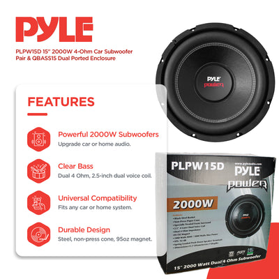 Pyle PLPW15D 15" 2000W 4-Ohm Car Subwoofer Pair & QBASS15 Dual Ported Enclosure - VMInnovations