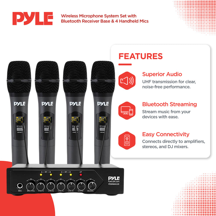 Pyle Wireless Microphone System Set w/ Bluetooth Receiver Base & 4 Handheld Mics