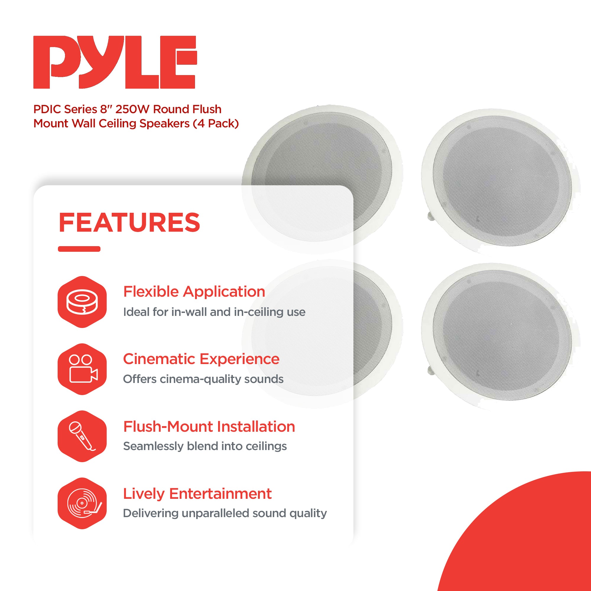Pyle Home PDIC Series 8" 250W Round Flush Mount Wall Ceiling Speakers (4 Pack) - VMInnovations