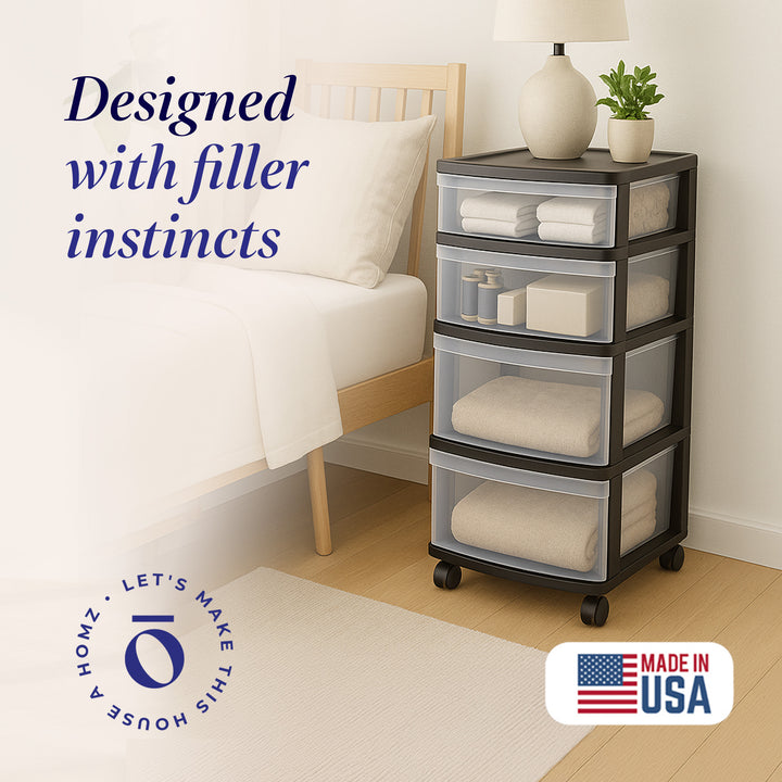 Homz Plastic 4 Drawer Storage Container, Clear Drawers & Black Frame (For Parts)