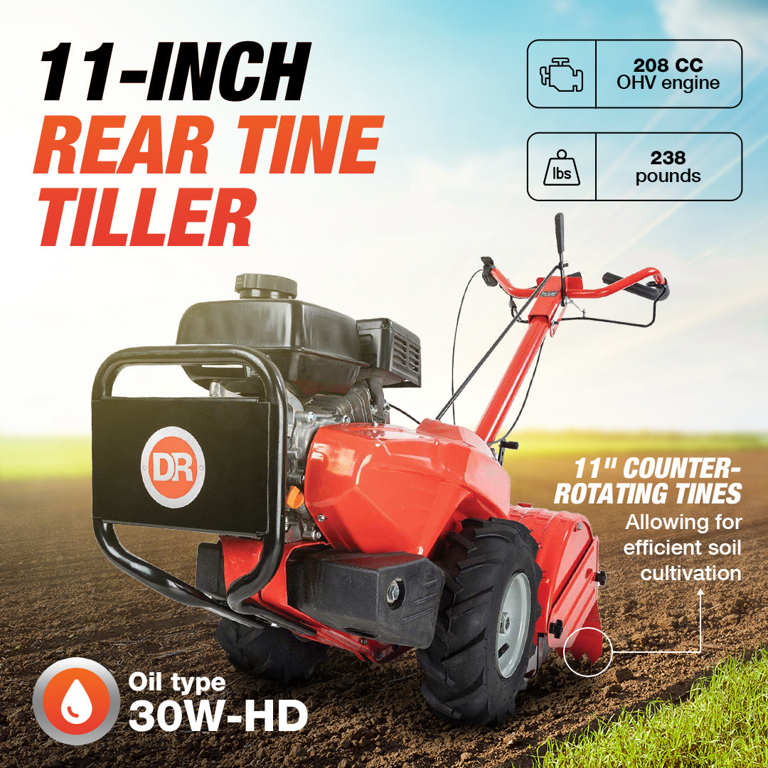DR 11 Inch Rear Tine Walk Behind Rototiller Tiller with Counter Rotating Tines