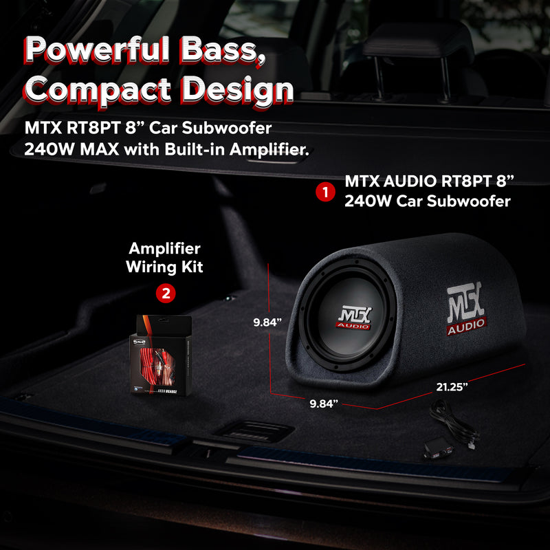 MTX AUDIO RT8PT 8" 240W Car Subwoofer & Soundstorm AKS8 8 Gauge Amp Wiring Kit