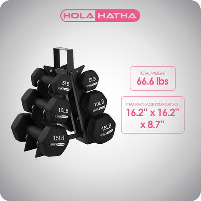 HolaHatha 5, 10, and 15 Pound Neoprene Dumbbell Free Hand Weight Set with Rack - VMInnovations