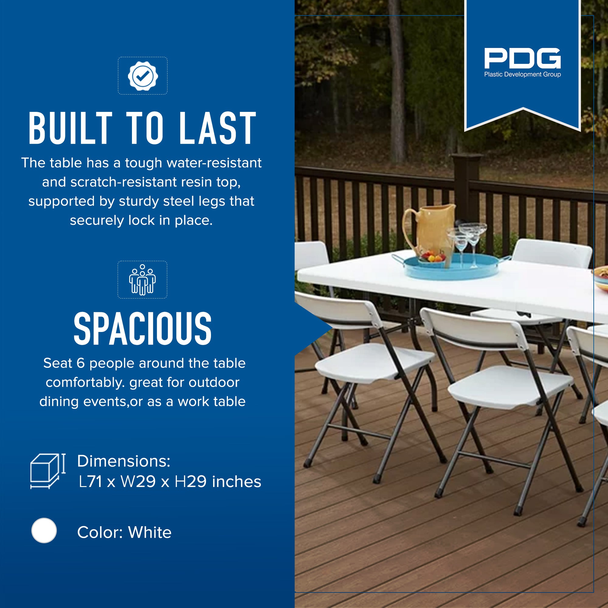 Plastic Development 706 Heavy Duty 6 Foot Straight Banquet Folding Table, White - VMInnovations