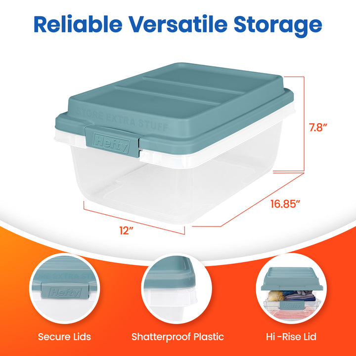 Hefty 18 Qt Hi-Rise Stackable Plastic Storage Bin with Lid, 8 Pack, Smoke Blue