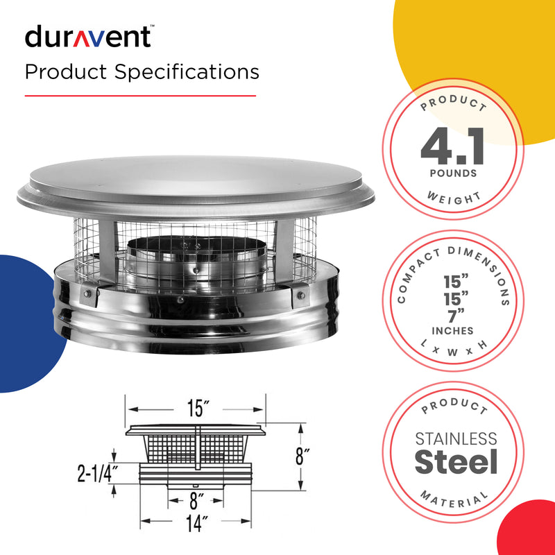 DuraVent DuraPlus 6DP-VC 6 Inch Stainless Steel Round Chimney Cap, Silver