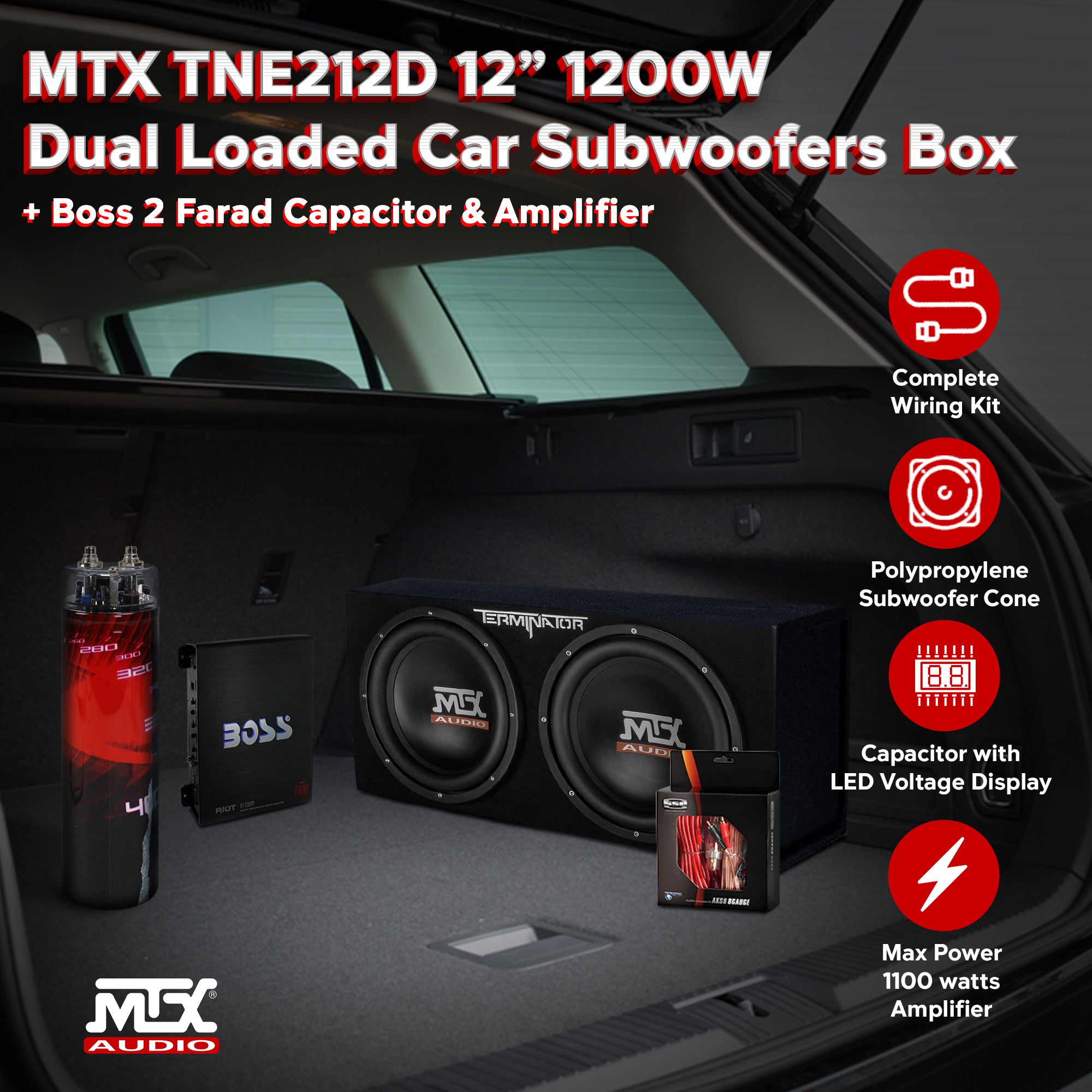 MTX TNE212D 12" 1200W Dual Loaded Car Subwoofer & 1100W Amp with Kit & Capacitor - VMInnovations