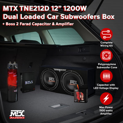MTX TNE212D 12" 1200W Dual Loaded Car Subwoofer & 1100W Amp with Kit & Capacitor - VMInnovations