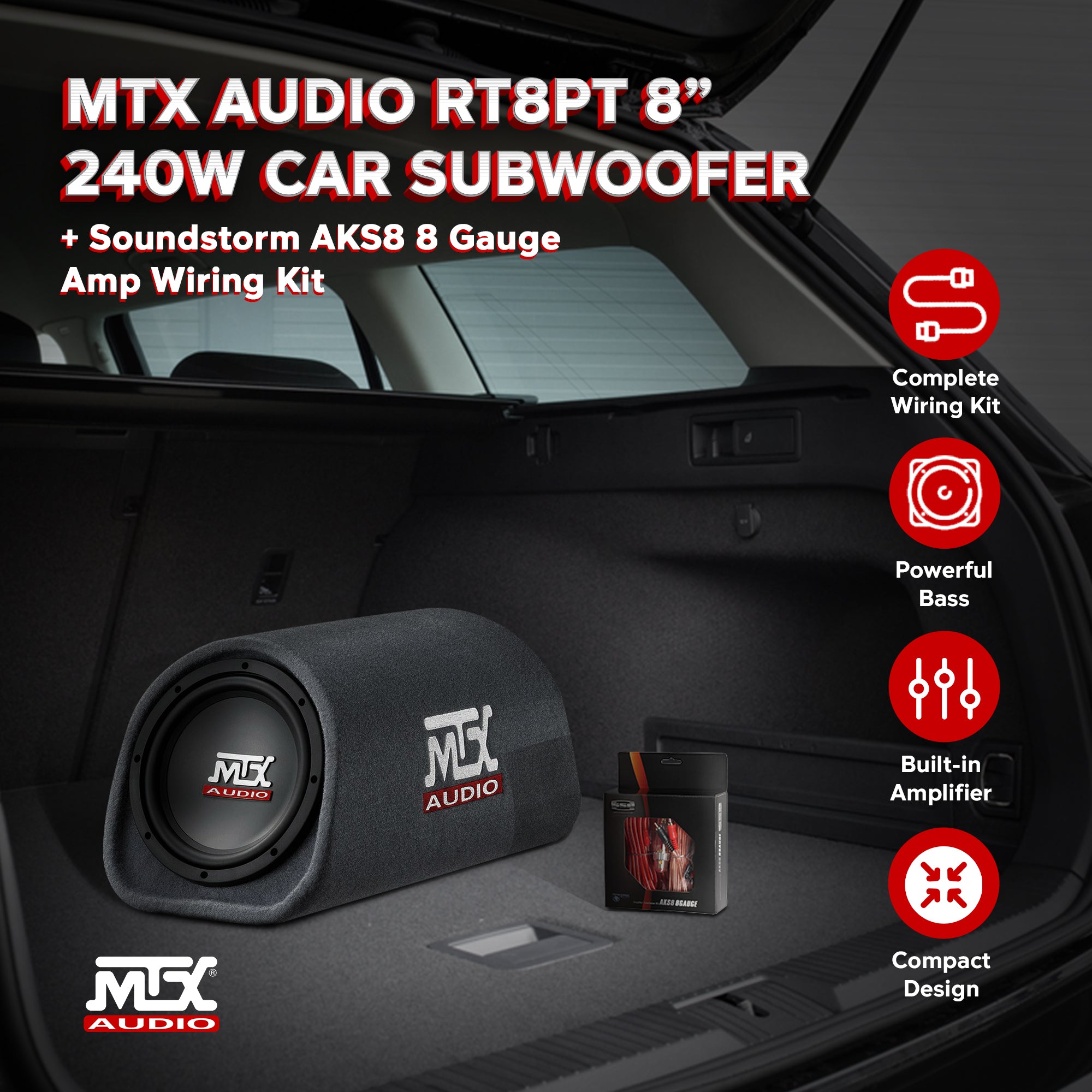 MTX AUDIO RT8PT 8" 240W Car Subwoofer & Soundstorm AKS8 8 Gauge Amp Wiring Kit - VMInnovations