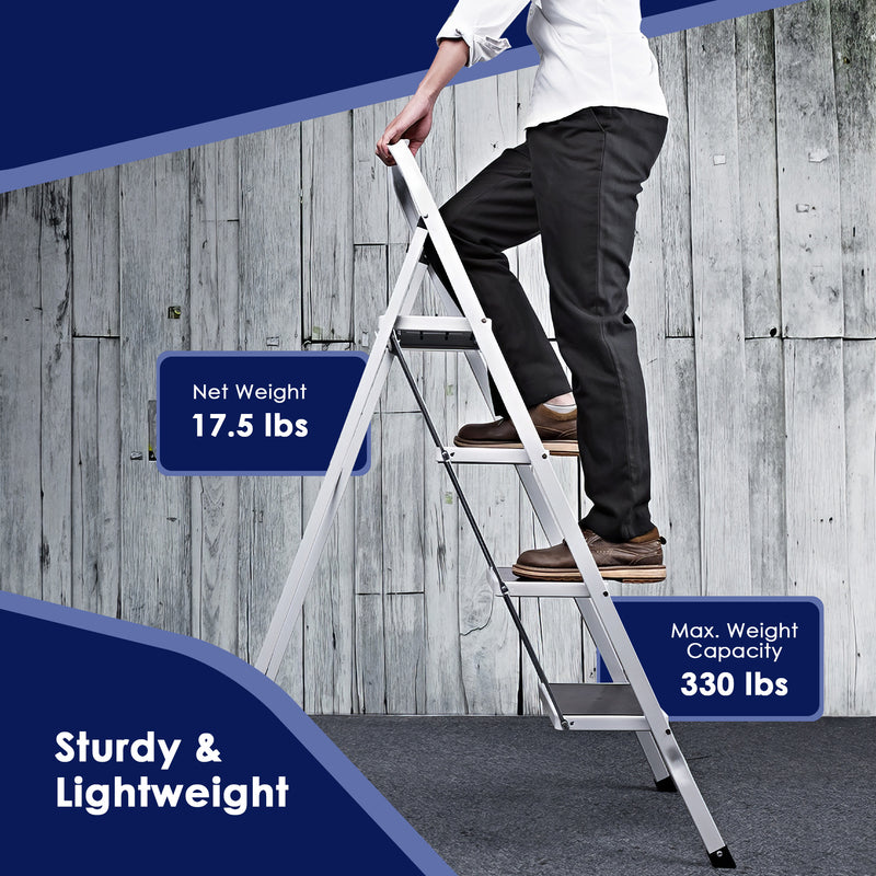 Delxo Steel Non-Slip Folding 4 Step Ladder with Hand Grip, White (Open Box)