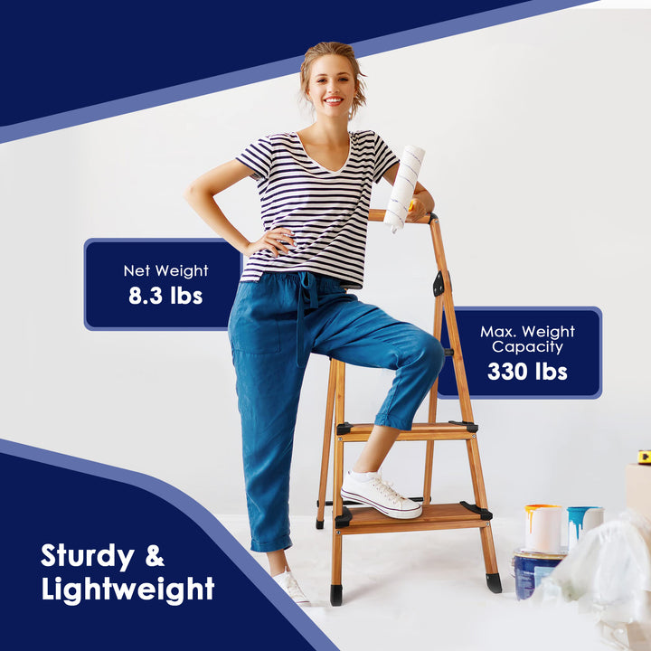 Delxo Folding 3 Step Stool Stepladder w/Long Handrail, Woodgrain(Open Box) - VMInnovations