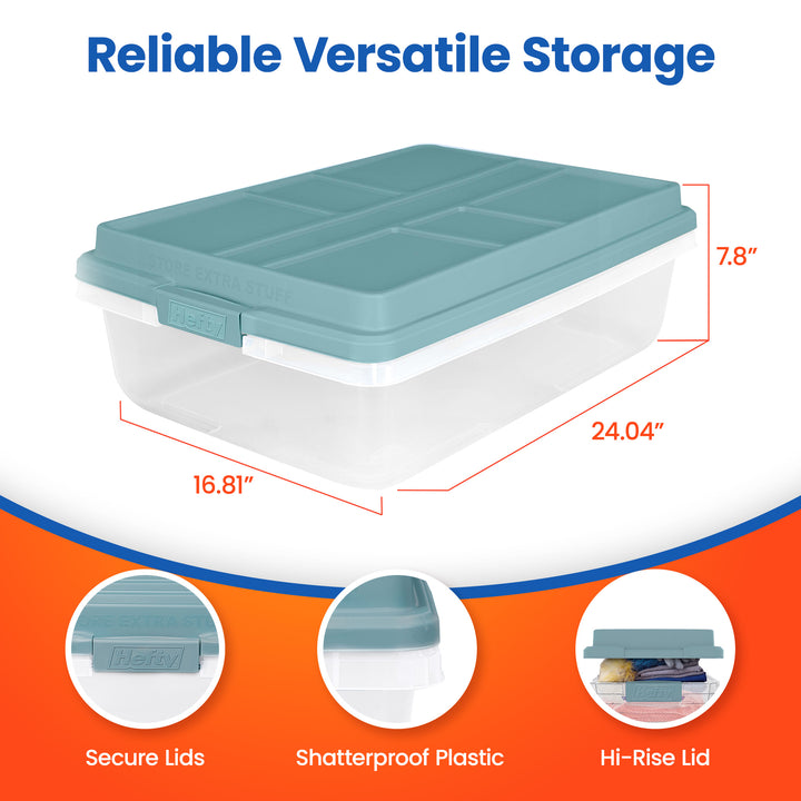 Hefty 40 Qt Hi-Rise Stackable Plastic Storage Bin with Lid, 6 Pack, Smoke Blue