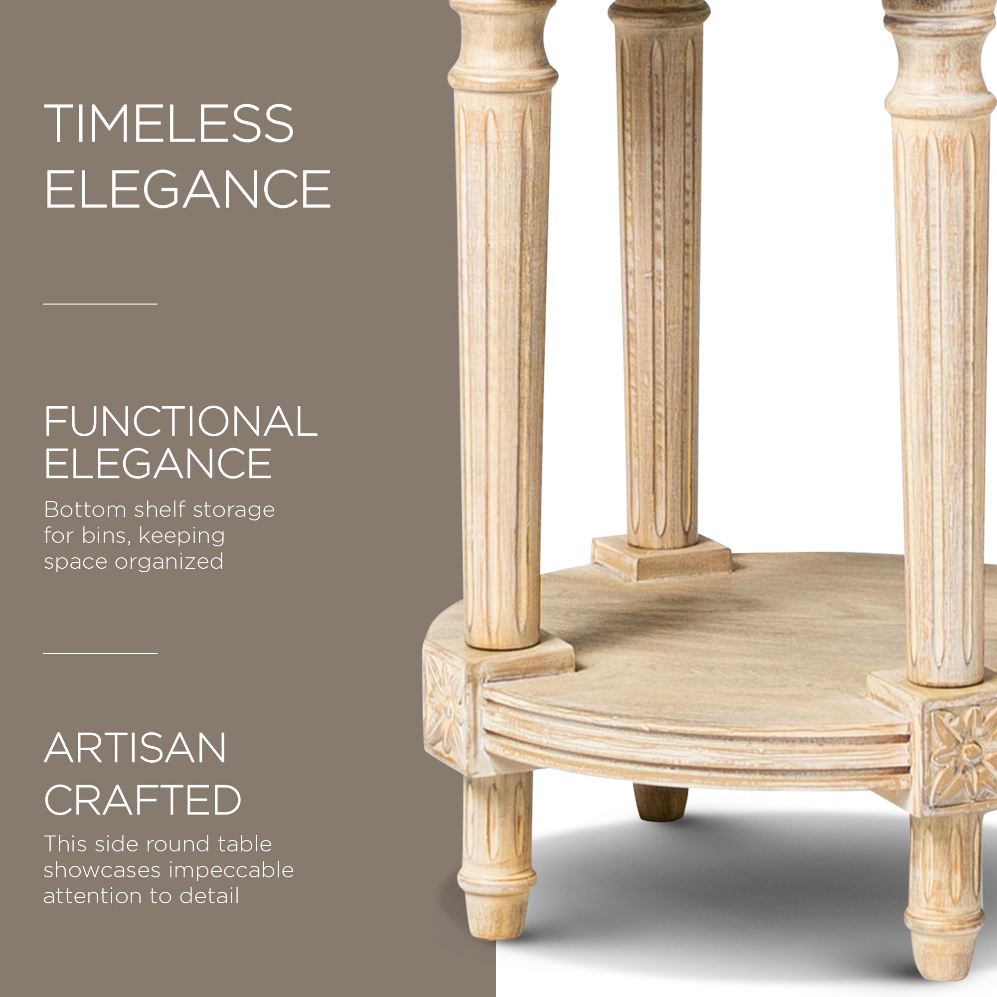 Maven Lane Traditional Round Wooden Side Table in Antiqued White Finish (Used) - VMInnovations