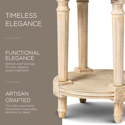 Maven Lane Traditional Round Wooden Side Table in Antiqued White Finish (Used) - VMInnovations