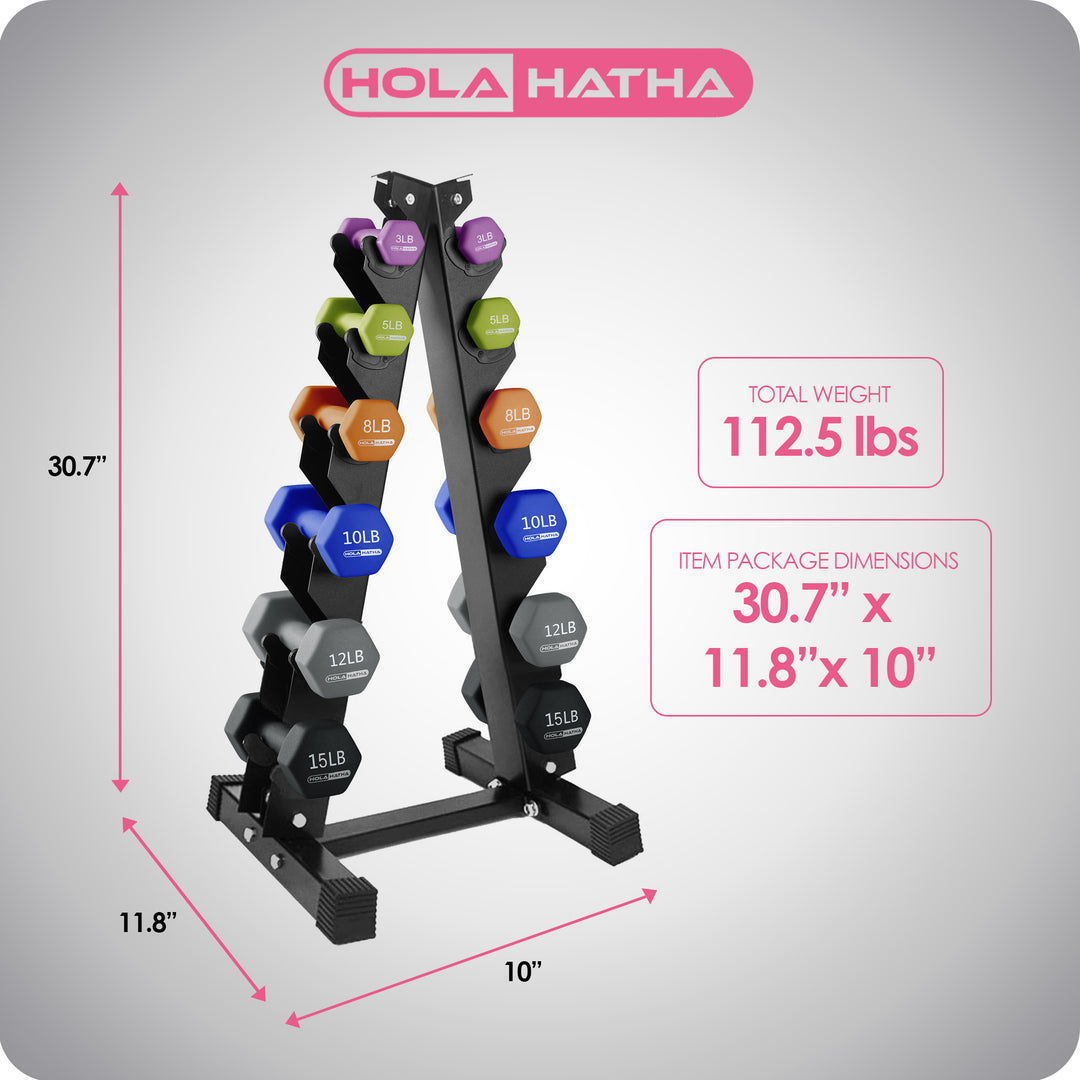 HolaHatha 3, 5, 8, 10, 12 & 15 Pound Neoprene Hex Dumbbell Weight & Storage Rack