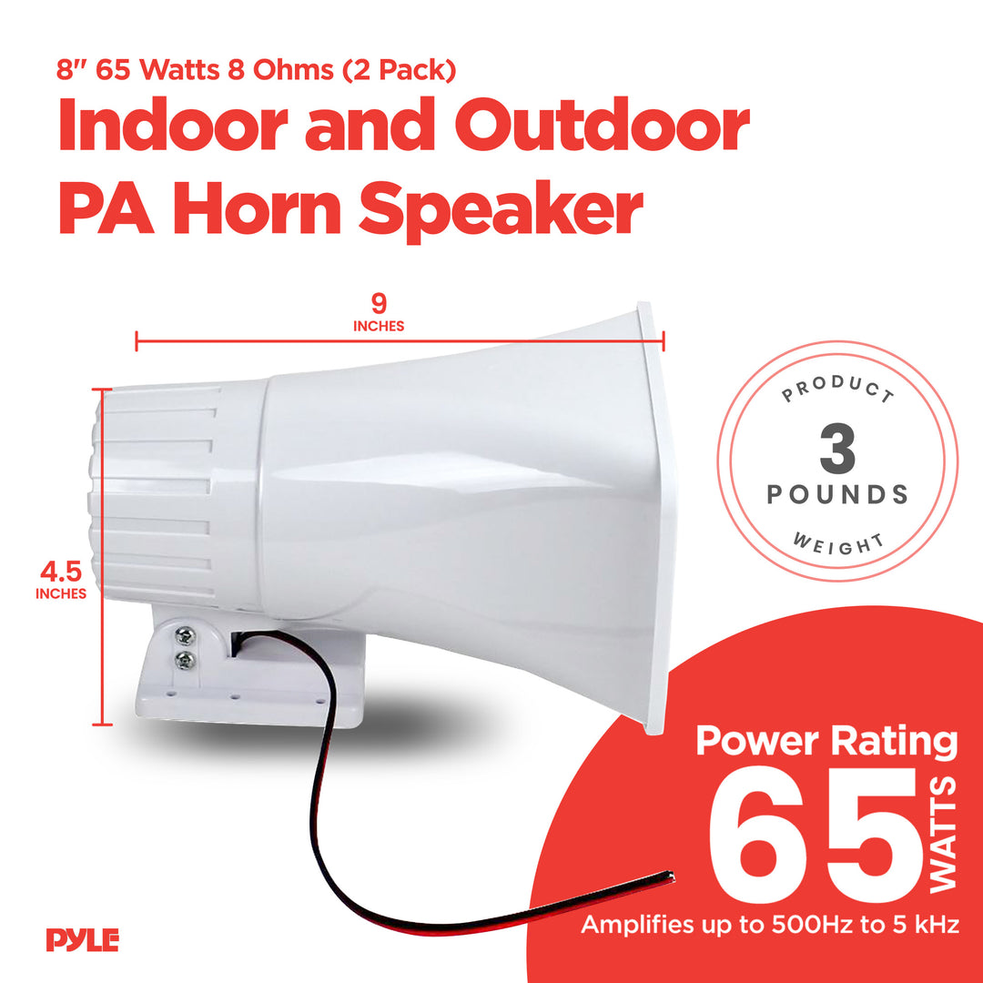 Pyle 8" 65 Watts 8 Ohms Indoor and Outdoor PA Horn Speaker, White (2 Pack)