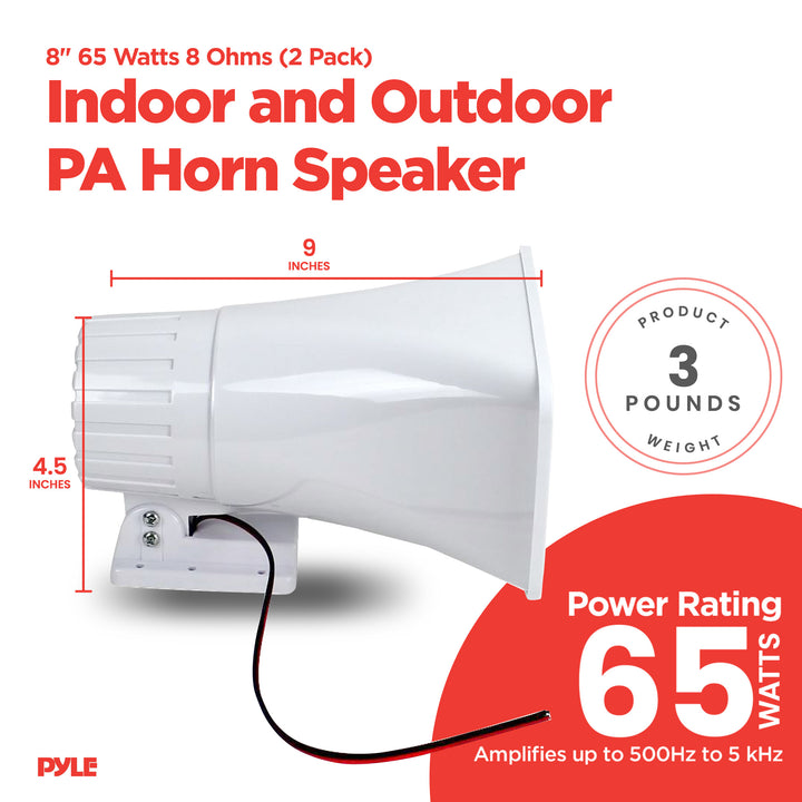 Pyle 8" 65 Watts 8 Ohms Indoor and Outdoor PA Horn Speaker, White (2 Pack)