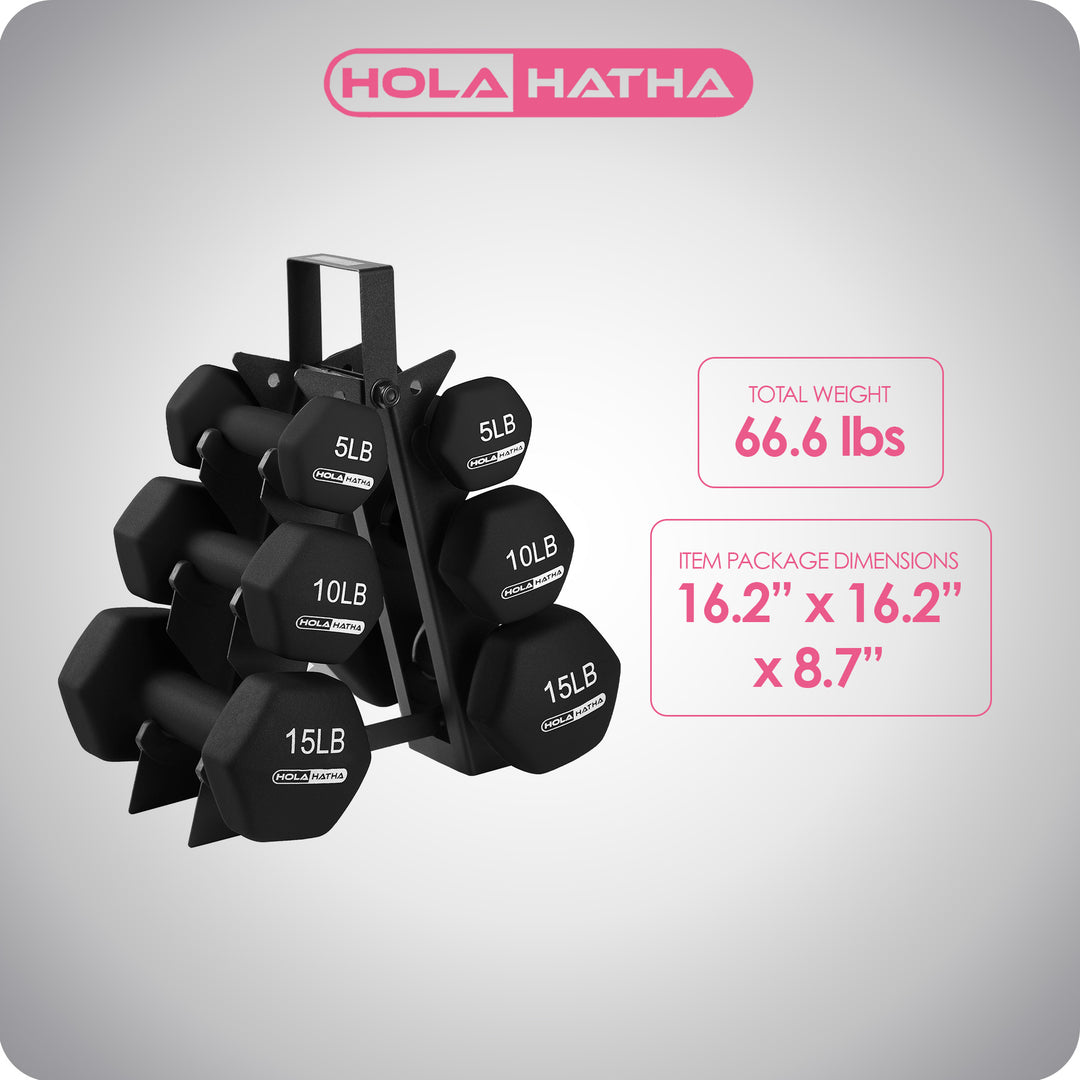 HolaHatha 5, 10, & 15LB Neoprene Dumbbell Free Hand Weight Set with Rack (Used)