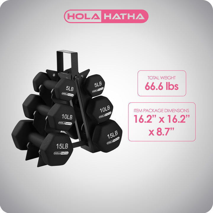 HolaHatha 5, 10, & 15LB Neoprene Dumbbell Free Hand Weight Set with Rack (Used)