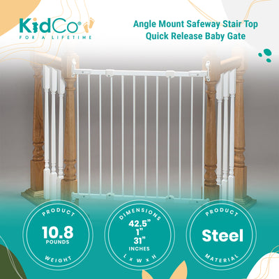 KidCo Angle Mount Safeway Stair Top Quick Release Baby Gate, 42.5x30.5 In, White - VMInnovations