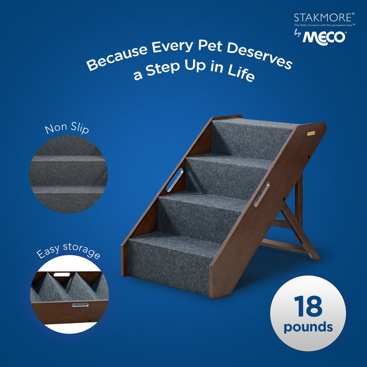 MECO Foldable Pet Steps w/Solid Hardwood Construction, Espresso (Open Box)