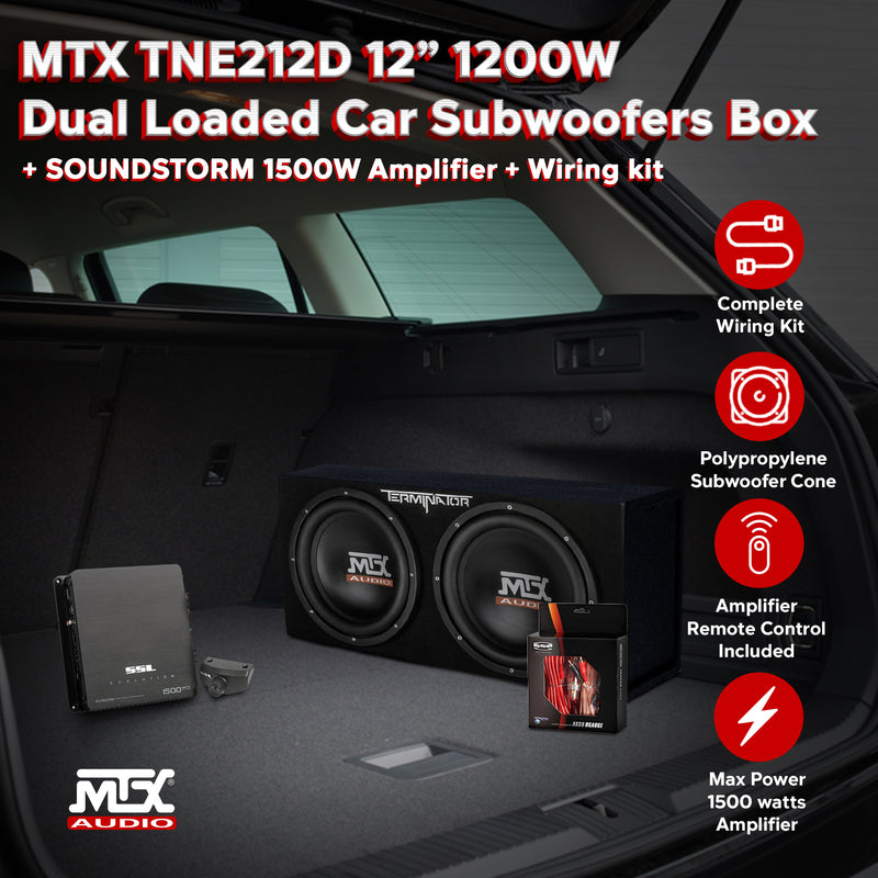 MTX TNE212D 12" 1200W Dual Loaded Car Subwoofer Box & SSL 1500W Amplifier w/ Kit