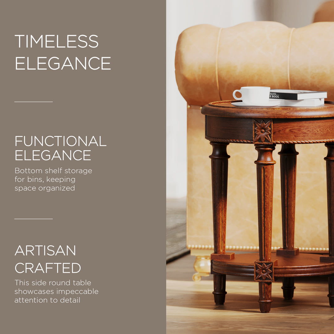 Maven Lane Pullman Traditional Round Wooden Side Table in Antiqued Brown Finish - VMInnovations