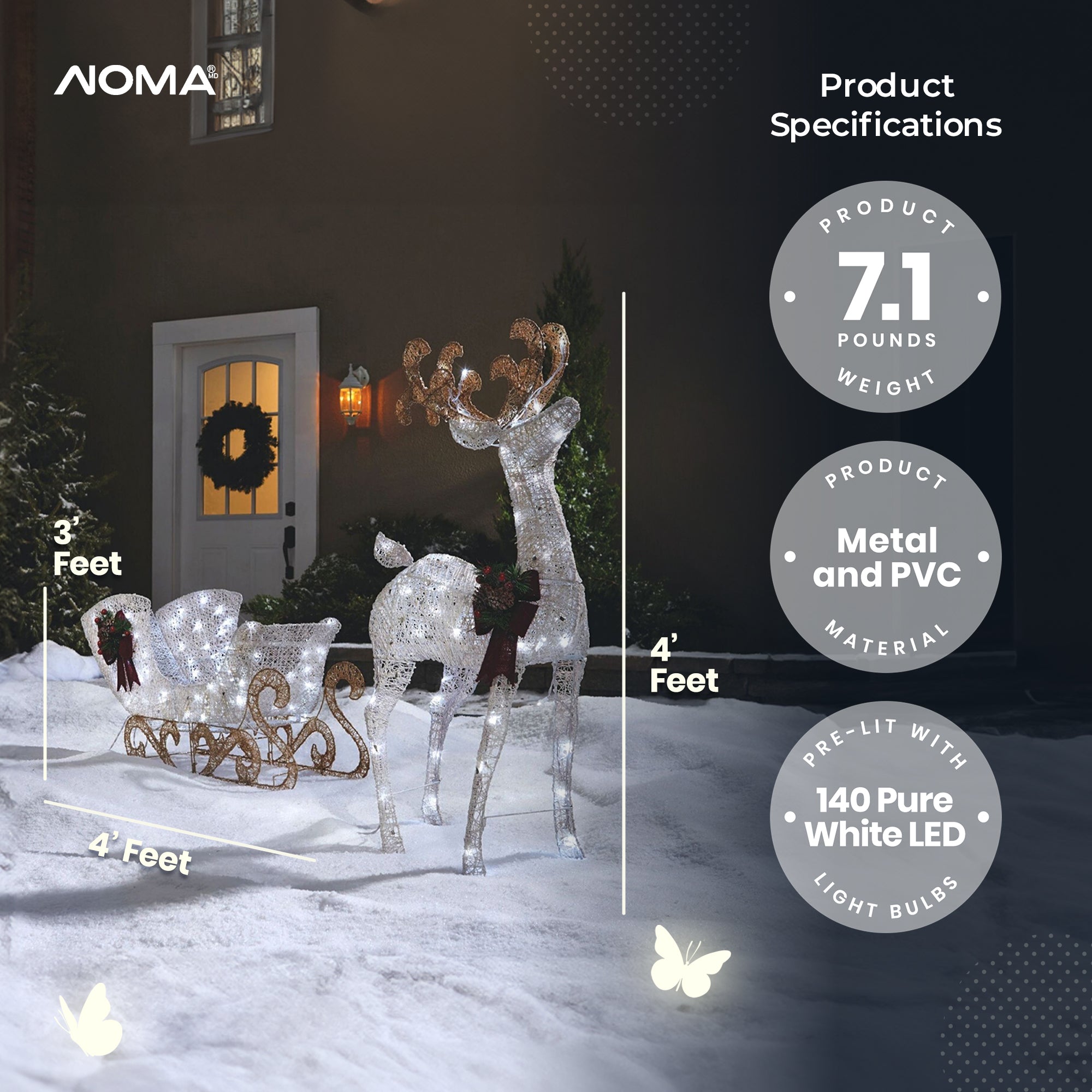 NOMA Reindeer and Sleigh Christmas Display Pre-Lit LED Outdoor Lawn Decoration - VMInnovations