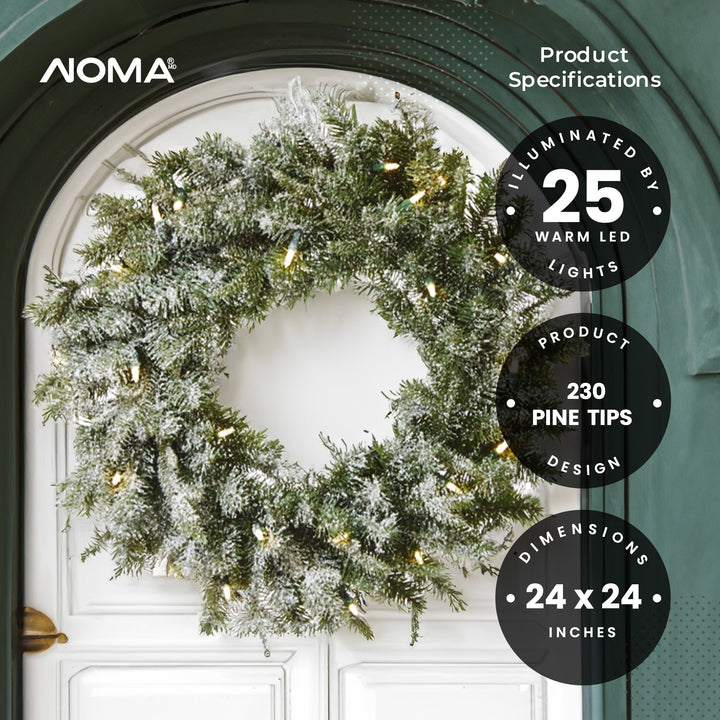 NOMA 24" Pre-Lit Flocked Frosted Fir Christmas Wreath with 25 Warm White Lights - VMInnovations
