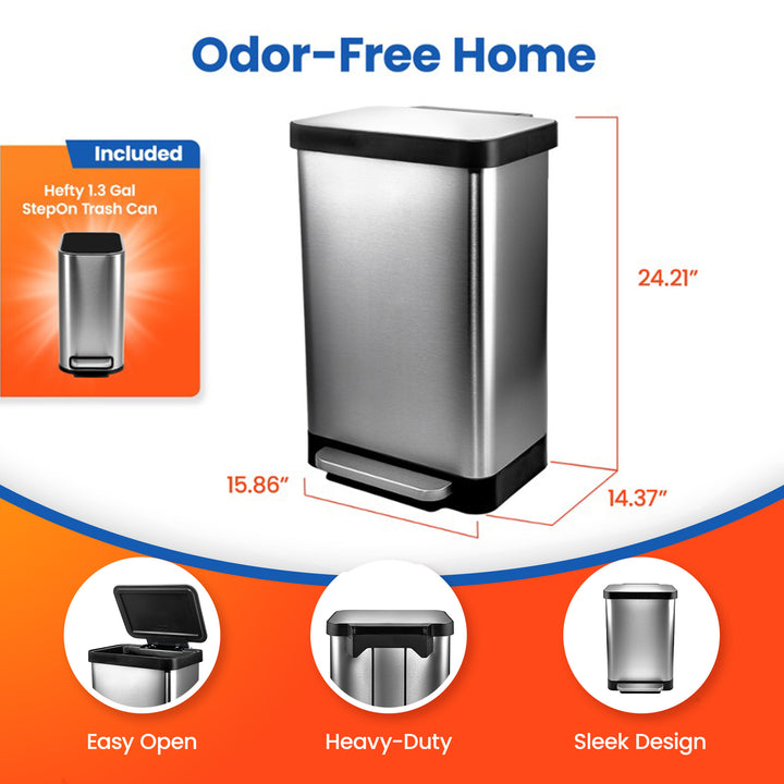 Hefty Stainless Steel Step Trash Cans w/Lids, 12.7 Gal & 1.3 Gal Bin (Open Box)